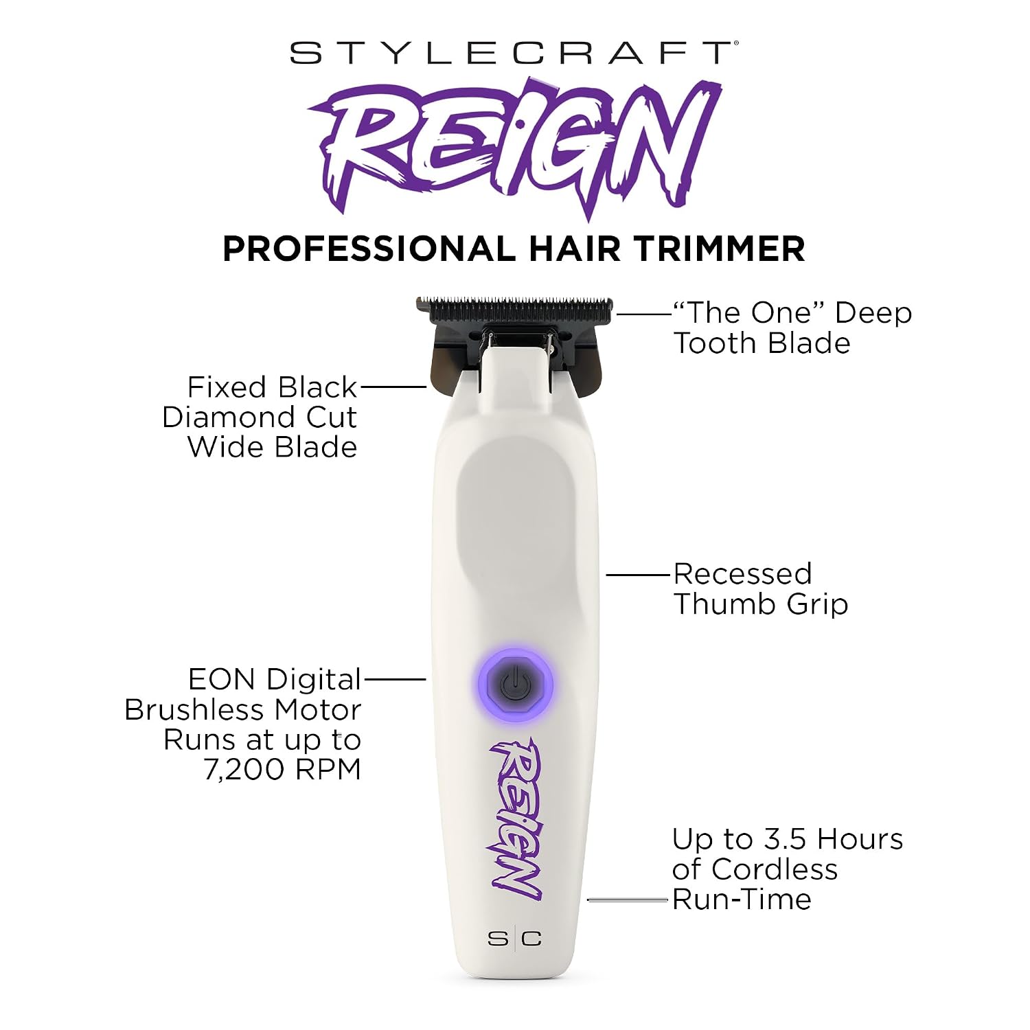 Stylecraft Reign Professional Hair Clipper, Hair Trimmer with Brushless Motor, USB-C Rechargeable, Designed by Barbers for Precision Beard and Hair Grooming
