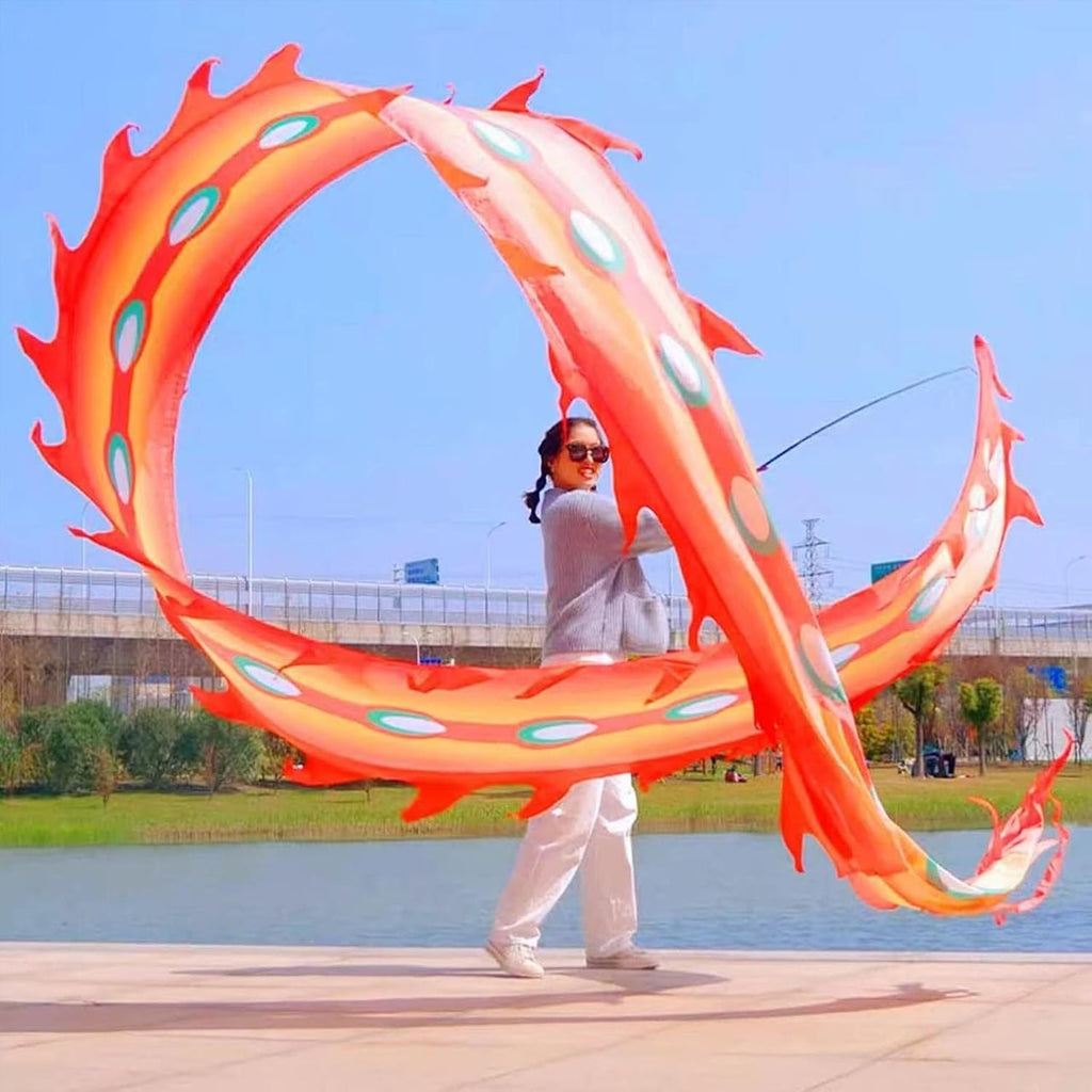 OVARIA Dragon Dance Fitness Ribbon 3D Dragon Head and Swing Rope Combo Chinese Wulong Flowy Ribbon Streamer Outdoor Fitness Dragon Stage Prop Set(Red,33ft)