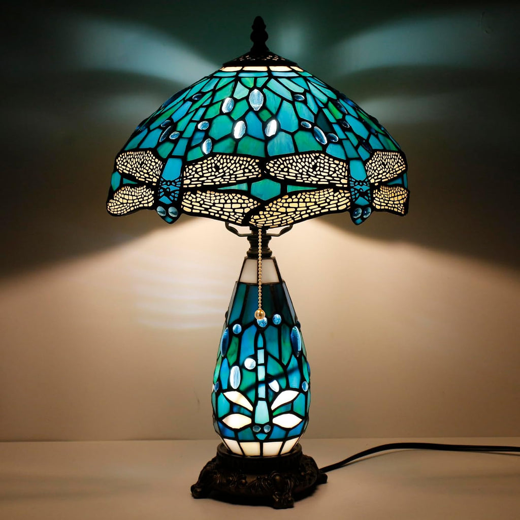 Tiffany Lamp Stained Glass Table Lamp 12X19 Inches Mother Daughter Vase Desk Accent Night Light for Bedroom Bedside Reading Home Antique Style (Green Dragonfly)