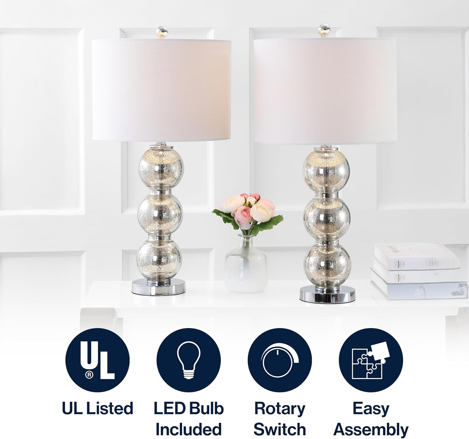JONATHAN Y 27' Mercury Silver/Chrome Triple-Sphere Glass Table Lamp Set of 2, Bedside, White Linen Shade, Modern Table Lamps for Living Room, Bedroom, Office, LED Bulbs Included (JYL1070B-SET2)