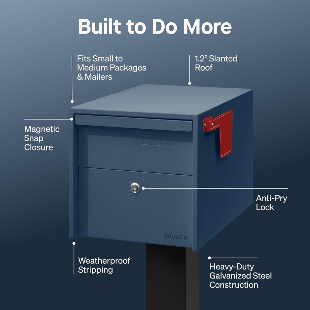 Adoorn Lockable Post Mount Mailboxes for Outside - Small Anti-Theft Locking Mailbox for Packages and Letters - Weatherproof Construction - Durable Steel - 12' H x 12' W x 18.5' D - Navy