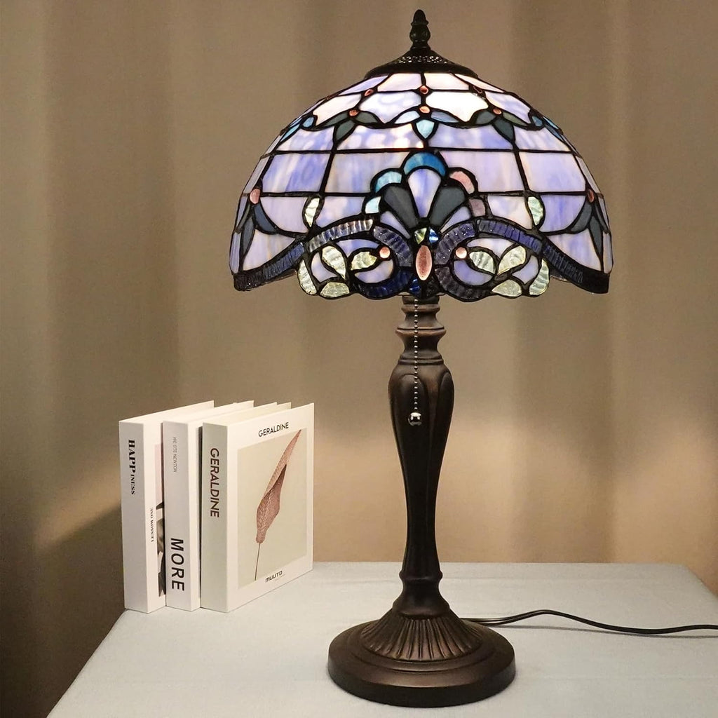 TL0015 Tiffany Table Lamp, Blue Baroque Stained Glass Shade, W12×OH21.5in, LED Bulb Included, for Bedroom Living Room (Blue Baroque)
