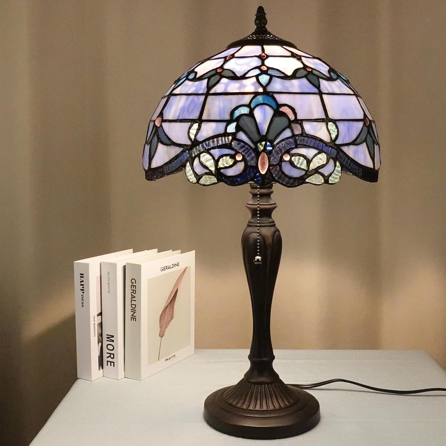 TL0015 Tiffany Table Lamp, Blue Baroque Stained Glass Shade, W12×OH21.5in, LED Bulb Included, for Bedroom Living Room (Blue Baroque)