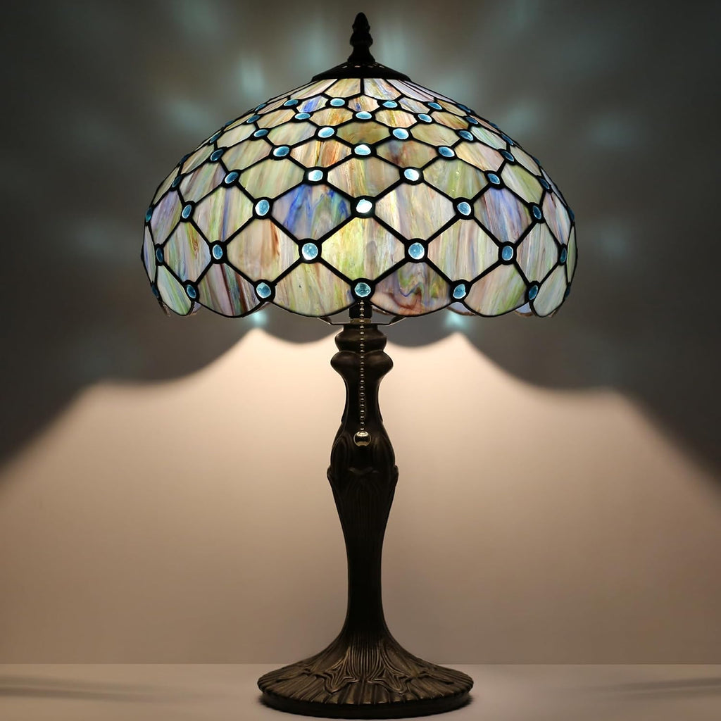 Tiffany Lamp Stained Glass Table Lamp 12' x 19' Blue Beads Style Decorative Lamp Bedside Reading Lamp for Desk Living Room Bedroom Office Study Light Home Decor Gift