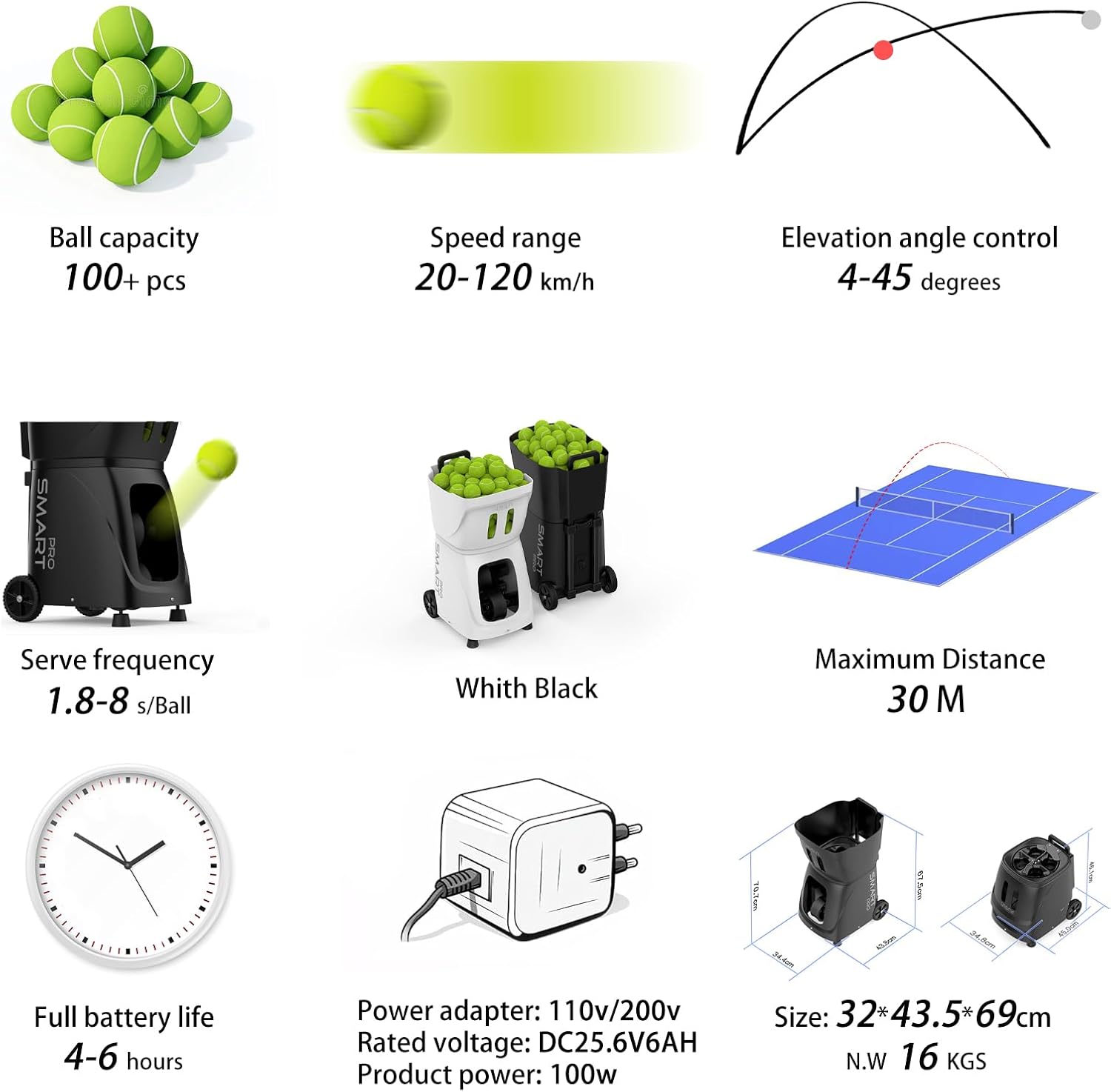 PT-SAMRT PRO-Internal Spin Tennis Ball Machine - Smart App Control - 100+ Ball Capacity - Professional Training Equipment - Realistic Ball Trajectory Simulation - 4-6 Hour Battery Life