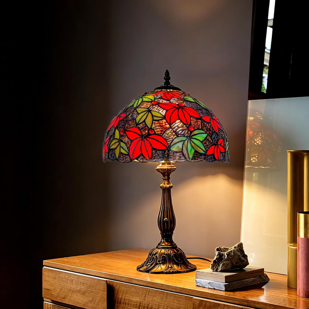 Tiffany Style Table Lamp, 12 Inch Stained Glass Bedside with Red Green Maple Leaf Design Vintage Handcrafted Nightstand Lamp for Reading Living Room Bedroom Office