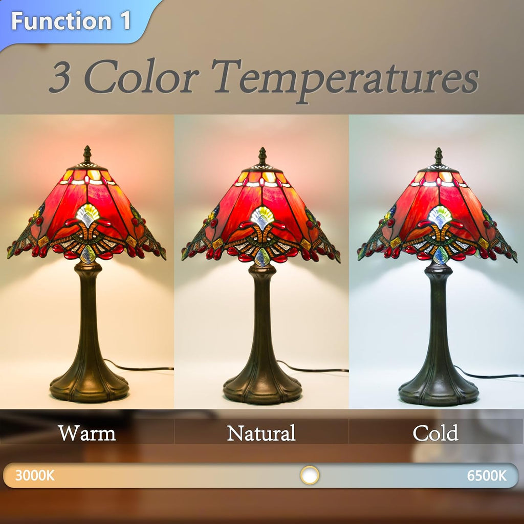 JHuiLap 12 Inch Tiffany Style Table Lamp, Baroque Stained Glass Lamp with Remote Control, Stepless Dimmable & 3 Color Temperatures, Desk Lamps for Bedroom Farmhouse Bedside Nightstand Bedside (Red)