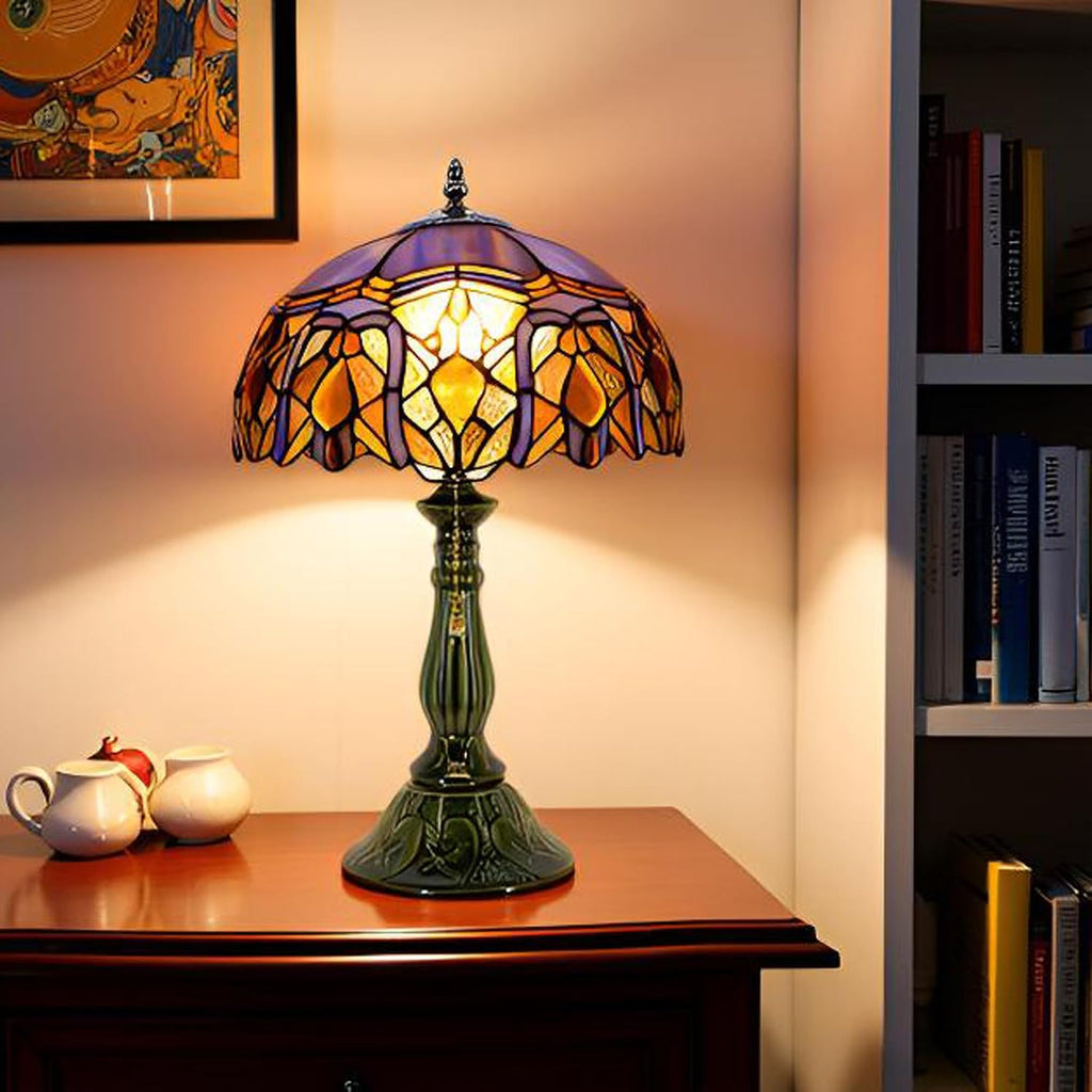 Tiffany Lamp Stained Glass Table Lamps Purple Jewelry Baroque Style Desk Lamp 12X12X18.5 Inch Bronze Ceramic Base Reading Light Suitable for Bedside Bedroom Living Room Dining Room Office