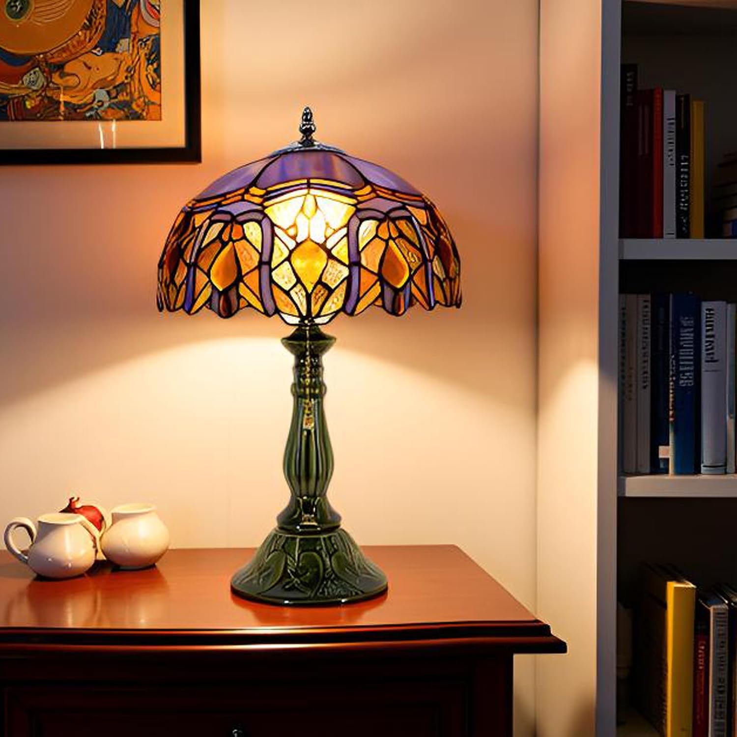 Tiffany Lamp Stained Glass Table Lamps Purple Jewelry Baroque Style Desk Lamp 12X12X18.5 Inch Bronze Ceramic Base Reading Light Suitable for Bedside Bedroom Living Room Dining Room Office