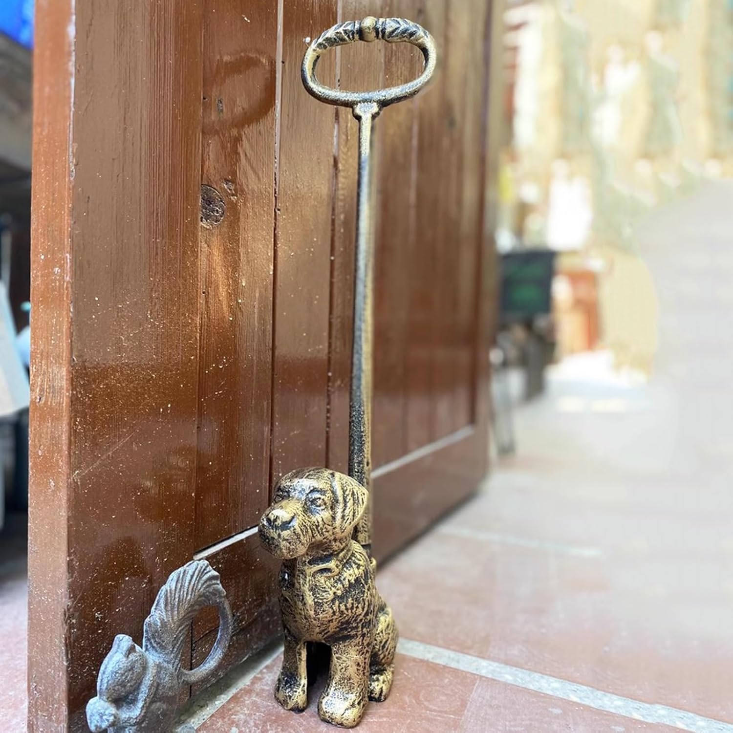 Portable Weighted Door Stop to Keep Door Open, Cast Iron Dog Door Stopper with Handle, Antique Copper, Weight 5.3lb