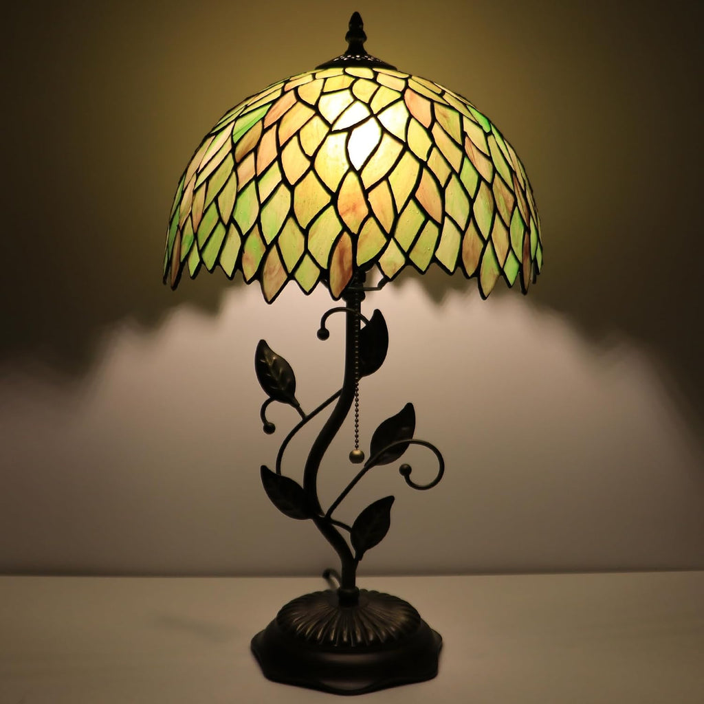 Tiffany Lamp Brownish Green Leafage Style Stained Glass Table Lamp Desk Bedside Reading Light 12X12X19 Inches with Metal Leaf Base