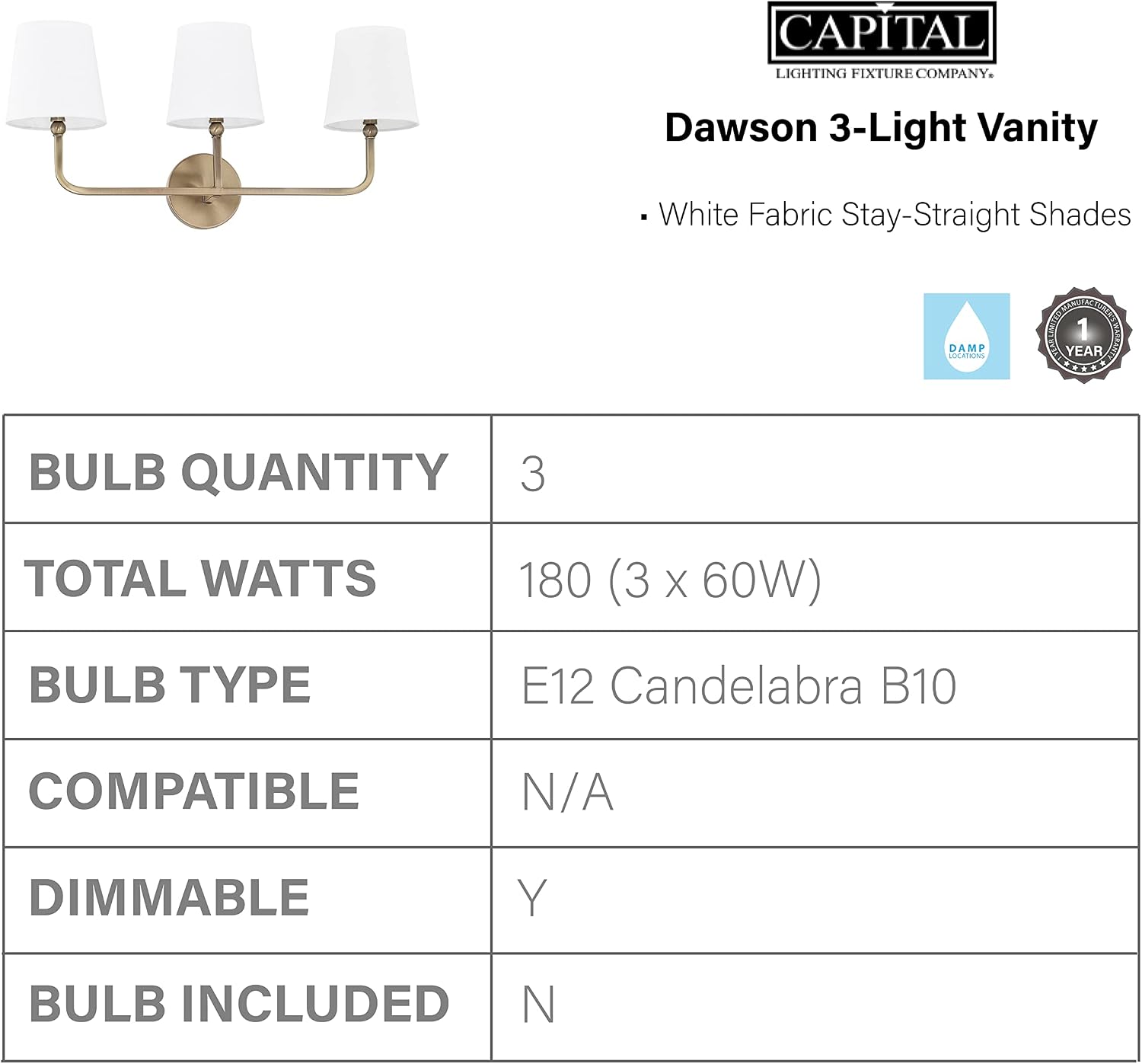 Capital Lighting 119331AD-674 Dawson Decorative White Fabric Stay-Straight Shade Bath Vanity Wall Mount, 3-Light 180 Total Watts, 12' H x 26' W, Aged Brass
