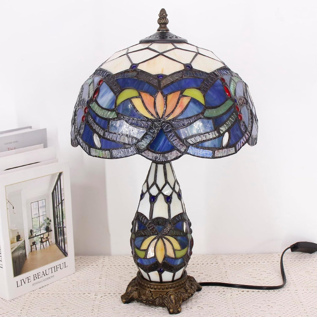 Tiffany Lamp Stained Glass Table Lamp 12X19 Inches Mother Daughter Vase Desk Accent Night Light for Bedroom Bedside Reading Home Antique Style (Blue Lotus)