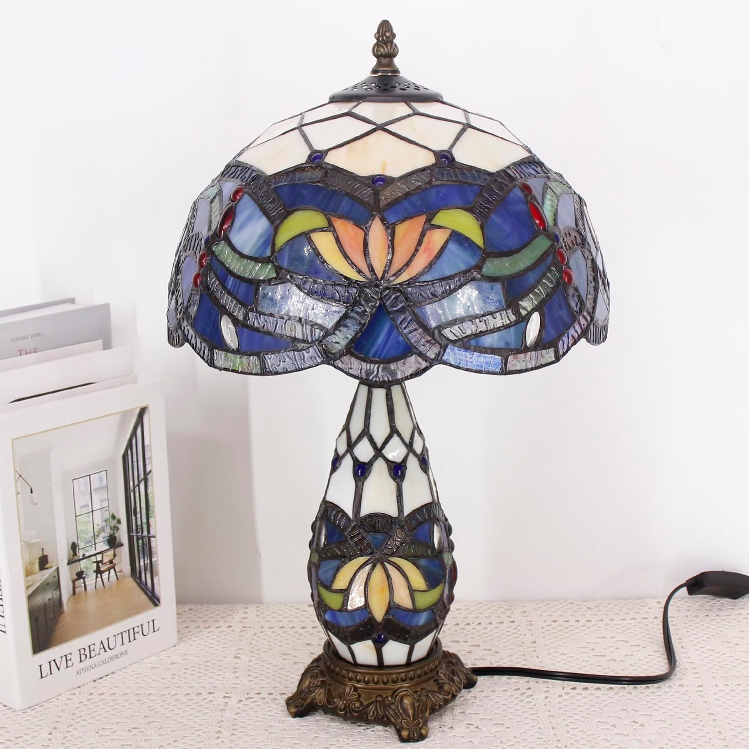 Tiffany Lamp Stained Glass Table Lamp 12X19 Inches Mother Daughter Vase Desk Accent Night Light for Bedroom Bedside Reading Home Antique Style (Blue Lotus)