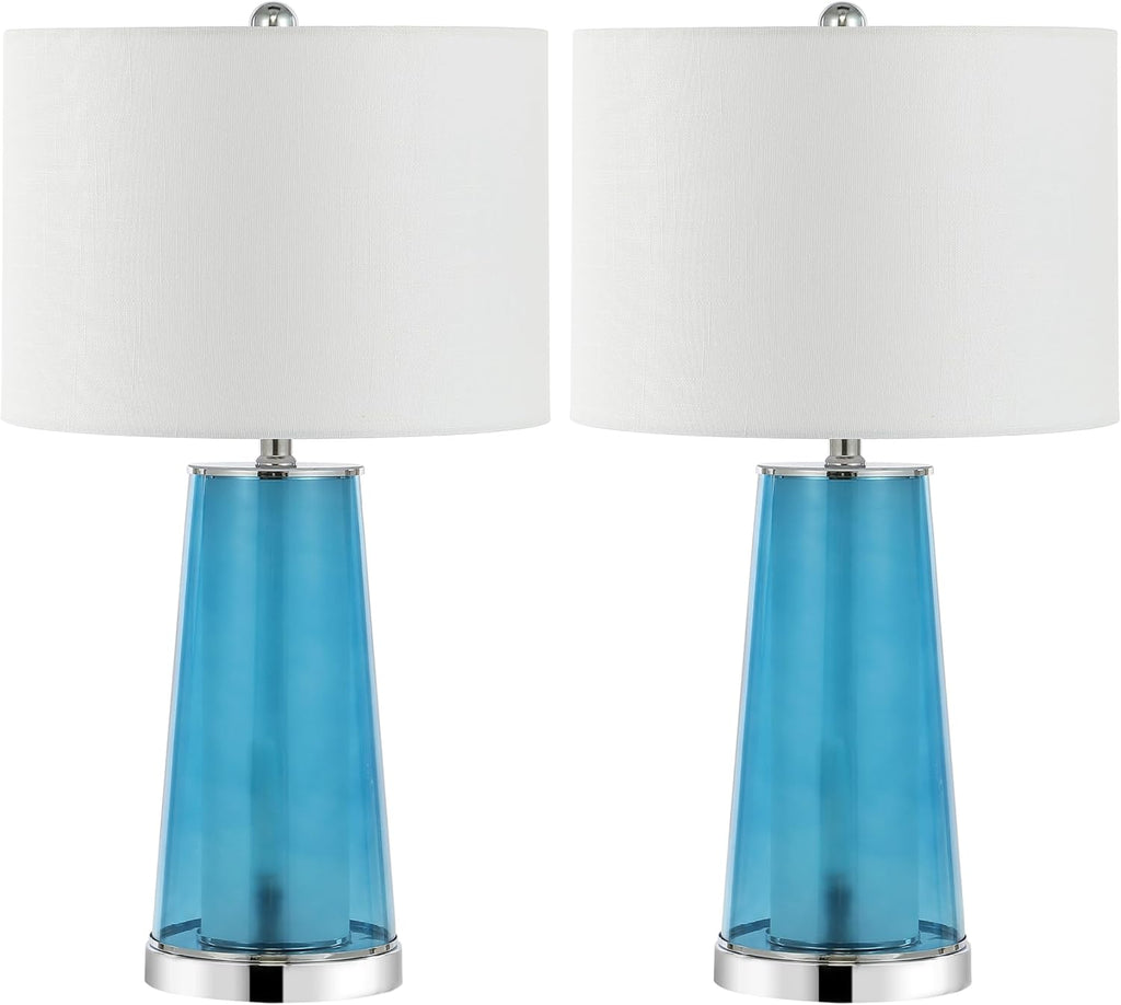 JONATHAN Y 26' Chrome/Clear Blue Nightlight Table Lamp Set of 2 for Bedroom, Modern Glass Desk Lamps with White Fabric Shade, Farmhouse Living Room Decor, LED Bulbs Included (JYL1137B-SET2)