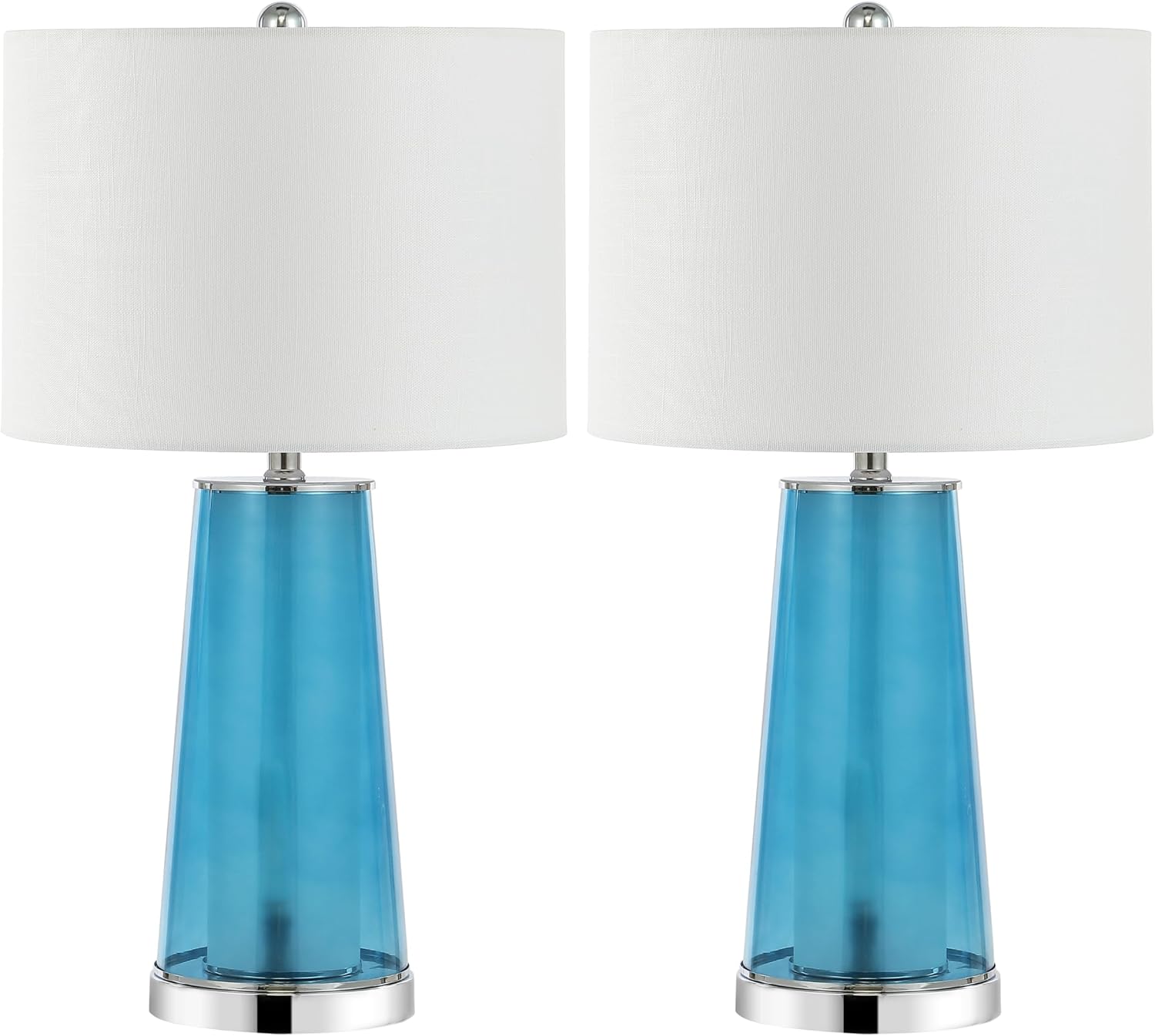 JONATHAN Y 26' Chrome/Clear Blue Nightlight Table Lamp Set of 2 for Bedroom, Modern Glass Desk Lamps with White Fabric Shade, Farmhouse Living Room Decor, LED Bulbs Included (JYL1137B-SET2)