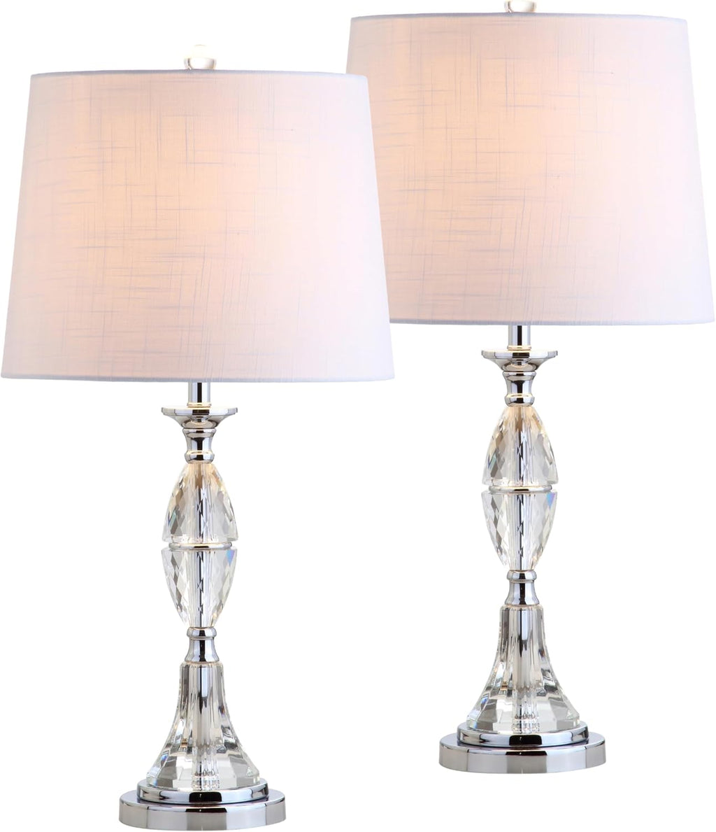 JONATHAN Y 25.5' Clear/Chrome Crystal Table Lamp Set of 2 for Bedroom, Traditional French Country Lamps for Living Room, White Linen Drum Shade, LED Bulbs Included JYL2041A-SET2
