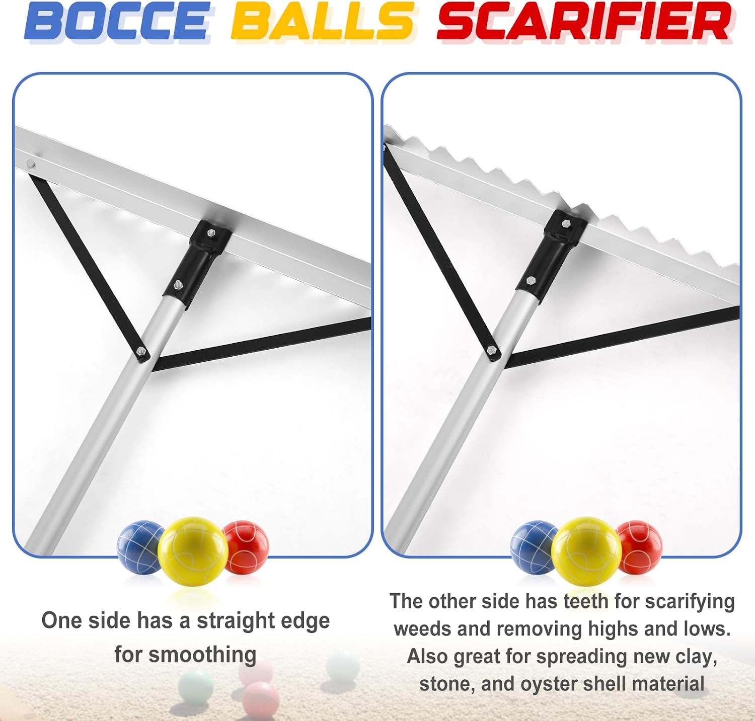 Yaocom 36' Width Bocce Court Rake 2 in 1 Bocce or Tennis Court Scarifier Aluminum Maintenance Rake, Straight Edge for Smoothing/Teeth Side for Scarifying
