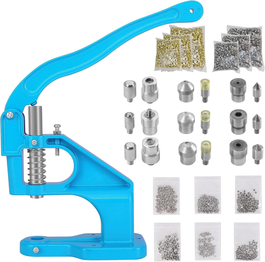 Hand Press Grommet Machine, Grommets Eyelet Tool Kit, Eyelet Punch Tool Kit with 1800 Pcs Grommets Eyelet and 9 Dies for Snap Buttons, Rivets Setting,Curtains,Belts,Bags,Shoes,Awning,DIY Craft