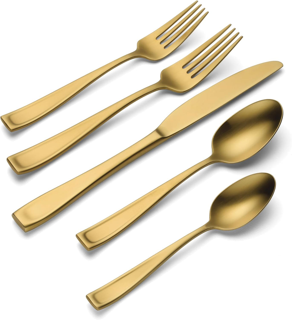 Oneida Silverware Set, Moda Gold Satin 20 Piece Flatware Set, Service For 4, 18/10 Stainless Steel, Dishwasher Safe, Flatware Cutlery Sets, Utensils, Knives Spoons and Forks, Home (Gold, 20 Pieces)