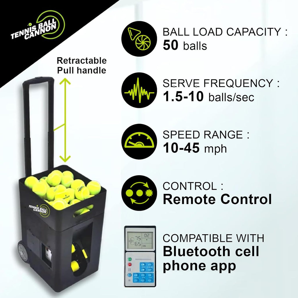 PMT Medical Portable Tennis Ball Machine 22 lbs for Beginners, Dual Motor for Top Spin & Backspin, 50+ Ball Capacity, Max 45 MPH Speed, 4+ Hour Rechargeable Battery, App and Remote Controlled