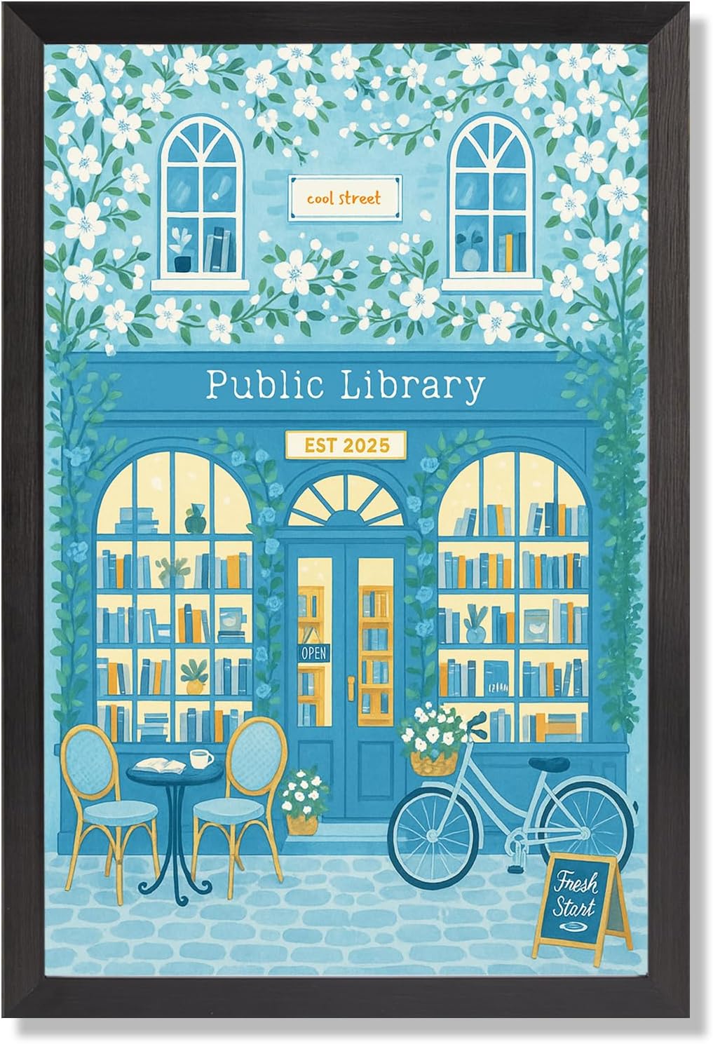 Black Framed Flat Vintage Public Library Illustration Poster Cool Street Est 2025 Canvas Wall Art Book-Filled Windows Prints Painting For Home Bedroom Dorm Wall Decor 24x36in Black Framed Flat