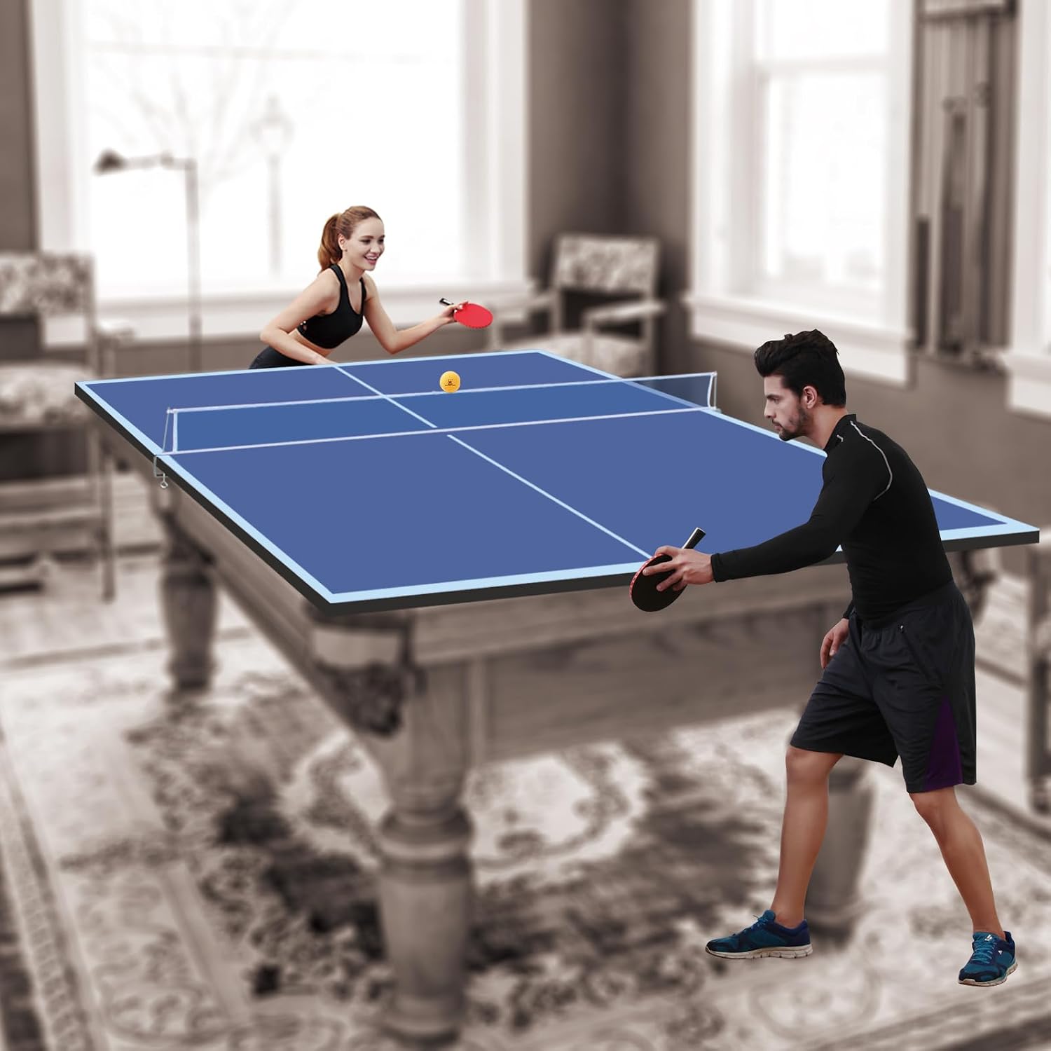 Foldable Ping Pong Table Top for Billiard Table, 9x5FT Table Tennis Table Topper for Pool Table, Indoor Outdoor Portable Table Tennis Conversion Top w/Net & Foam Padding