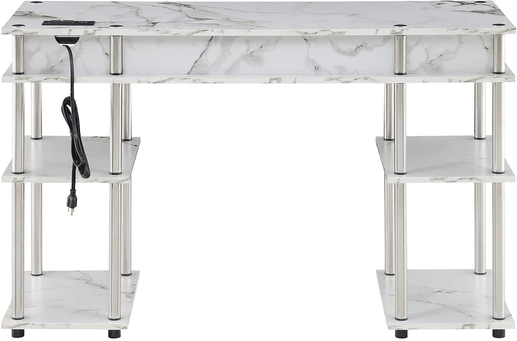 Convenience Concepts Designs2Go No Tools Student Desk with Charging Station and Shelves, White Marble