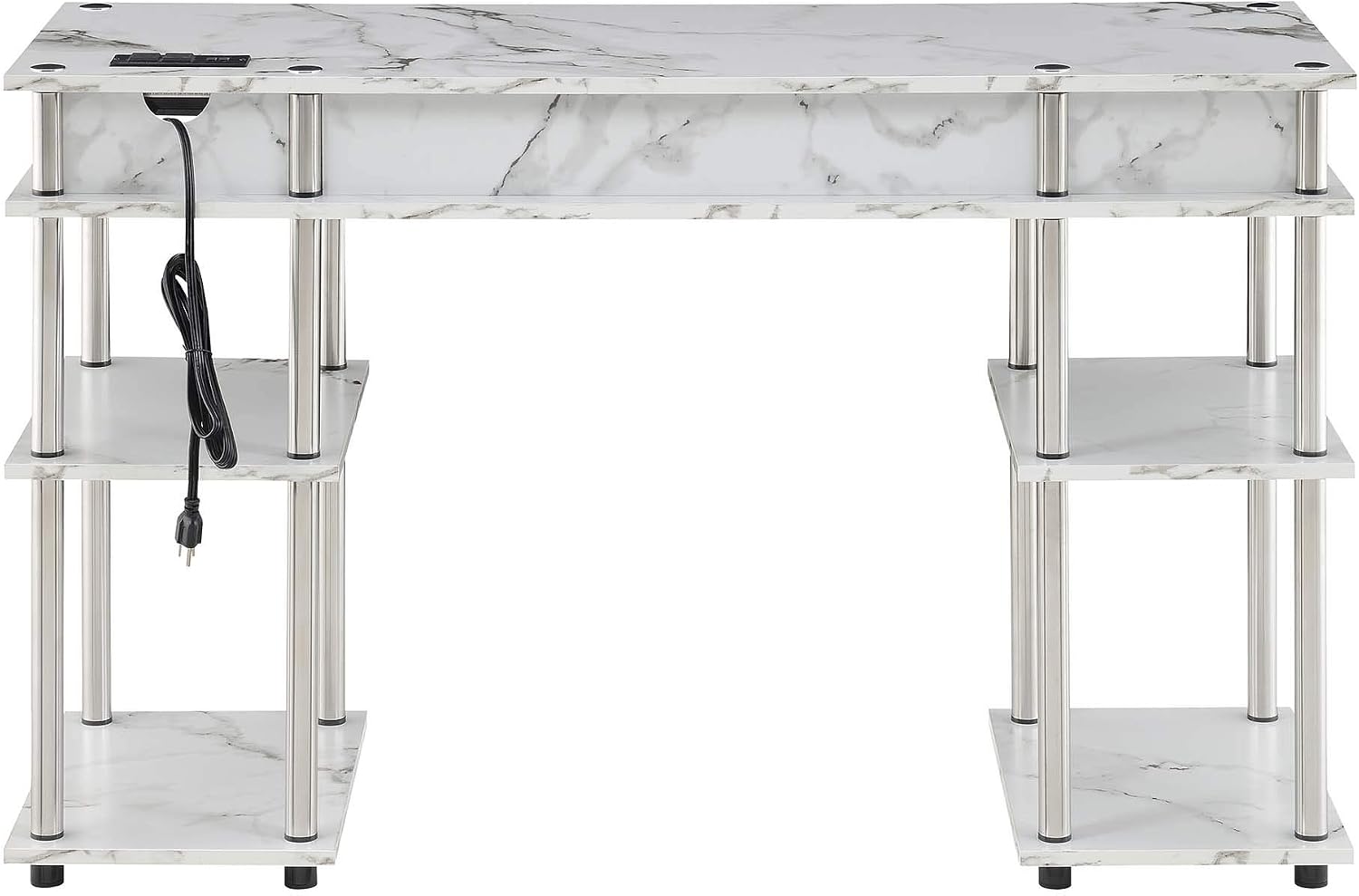 Convenience Concepts Designs2Go No Tools Student Desk with Charging Station and Shelves, White Marble