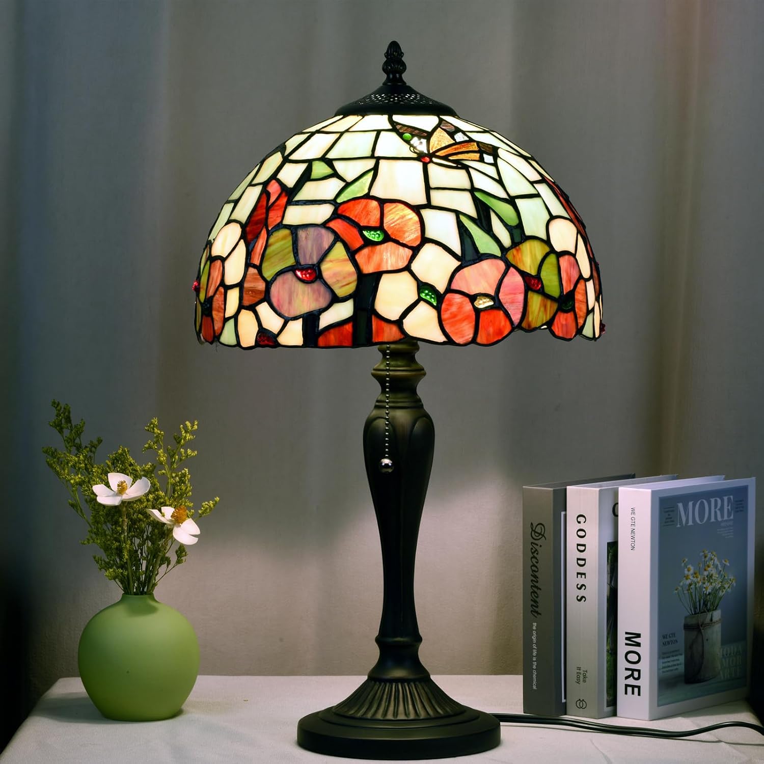 TL0002 Tiffany Style Table Lamp 21.5' High Blossoming Antique Stained Glass Lamp for Living Room Bedroom Bedside Nightstand Home Office, LED Bulb Included