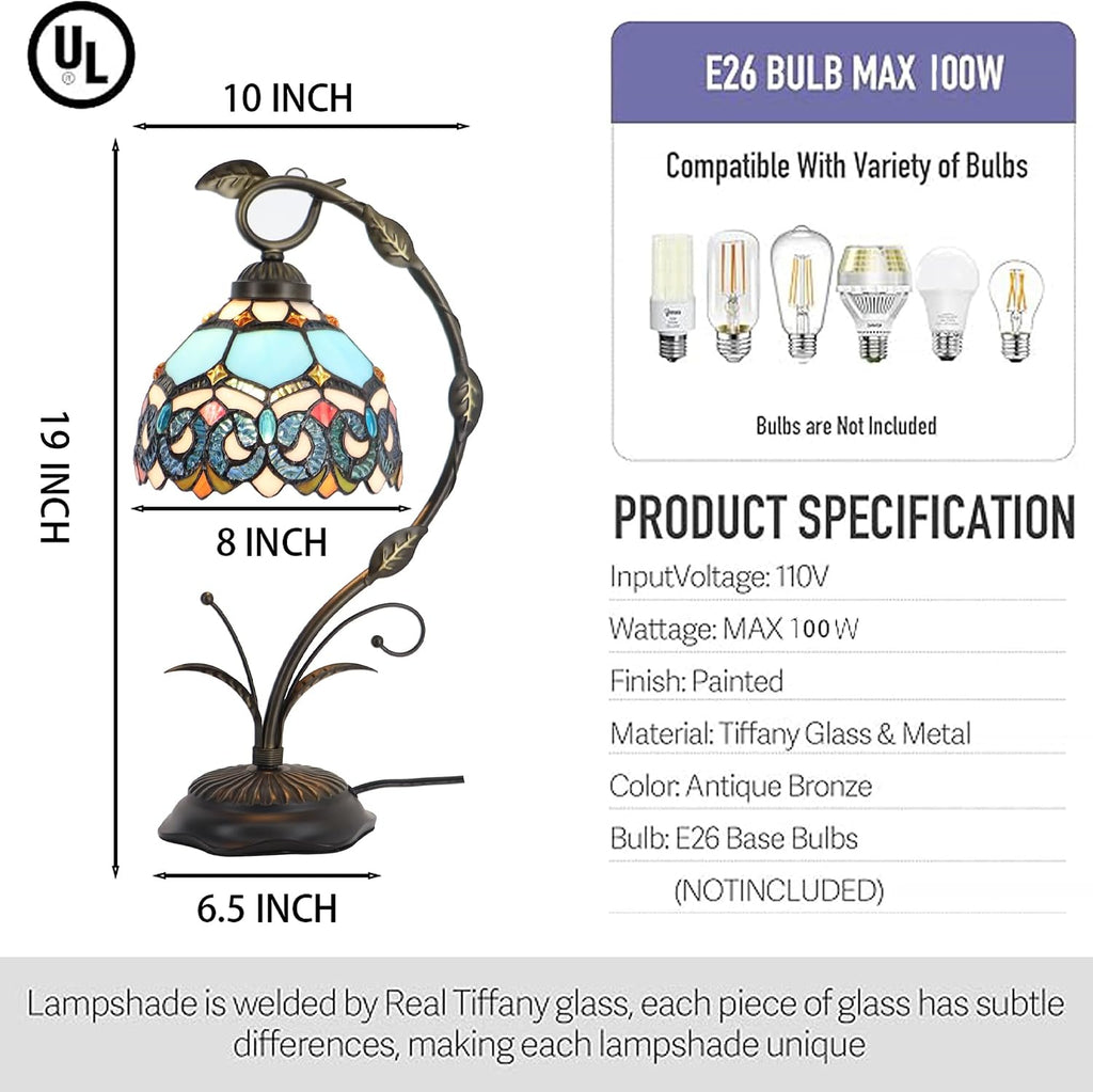Tiffany Table Lamp, Stained Glass Desk Reading Light, 8X10X19 Inches, Metal Leaf Base (Sapphire Style)