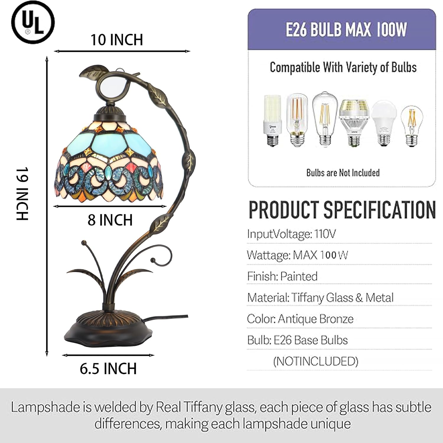 Tiffany Table Lamp, Stained Glass Desk Reading Light, 8X10X19 Inches, Metal Leaf Base (Sapphire Style)