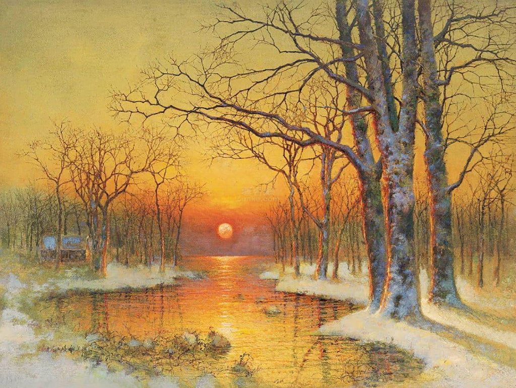 Toperfect 30 Original Landscape Paintings Winter Art Canvas, After Snow Wall Painting Nature, Trees by Water Room decor, Handmade Orange Warm Sunset Home Decorations by College Teachers 2