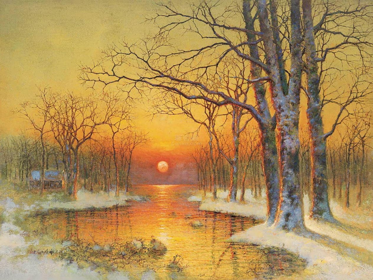 Toperfect 30 Original Landscape Paintings Winter Art Canvas, After Snow Wall Painting Nature, Trees by Water Room decor, Handmade Orange Warm Sunset Home Decorations by College Teachers 2