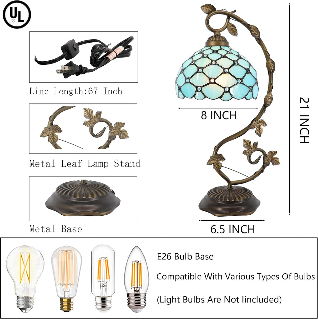 Tiffany Table Lamp, Stained Glass Desk Reading Light,Metal Leaf Table Lamp Base 8X10X21 Inches (Sea Blue Beads)