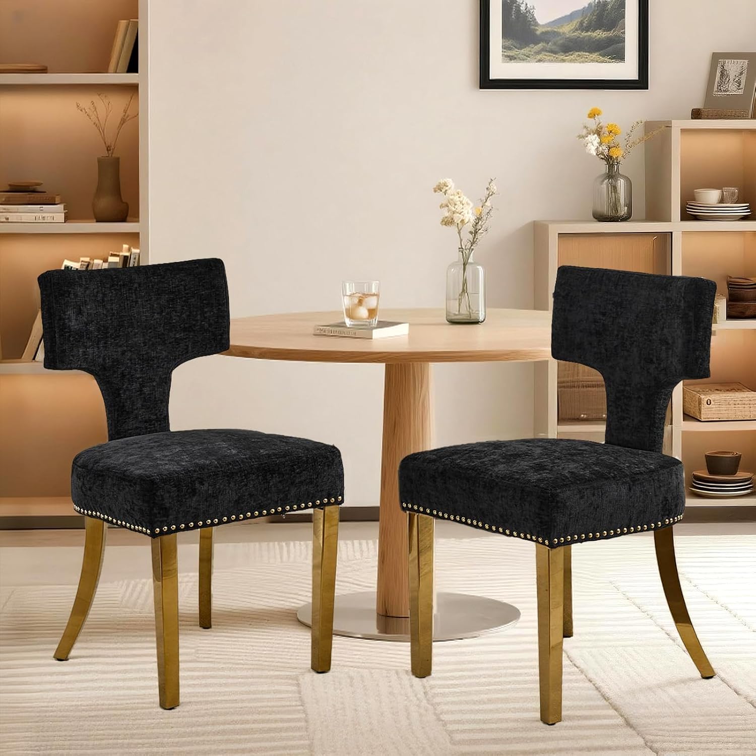 Dining Chair Set of 2 Linen Fabric Curved Backrest Farmhouse Mid Century Accent Upholstered Kitchen Chairs with Gold Legs and Foot Pad for Dining Room/Living Room/Restaurant,Black