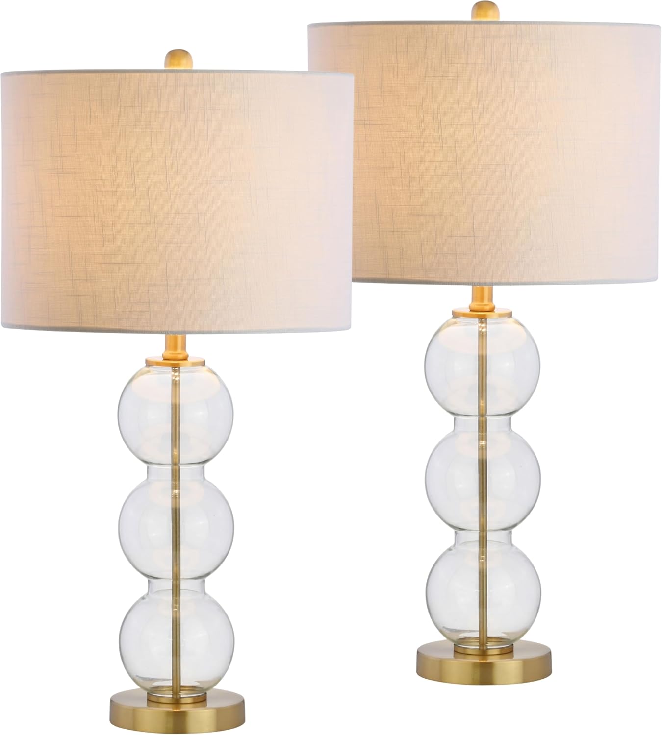 JONATHAN Y 27' Clear/Brass Triple-Sphere Glass Table Lamp Set of 2, Bedside, White Linen Shade, Modern Table Lamps for Living Room, Bedroom, Office, LED Bulbs Included JYL1070A-SET2