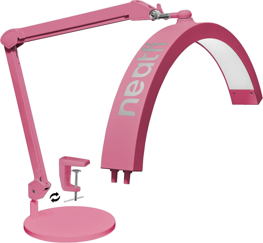 Neatfi Half Moon LED Table Lamp for Estheticians – 2,500 Lumens | CCT Dimming, 5 Light Modes | Professional Task Lamp for Nail Art, Facials, Threading & Tattoos (Pink, CCT with Base and Clamp)