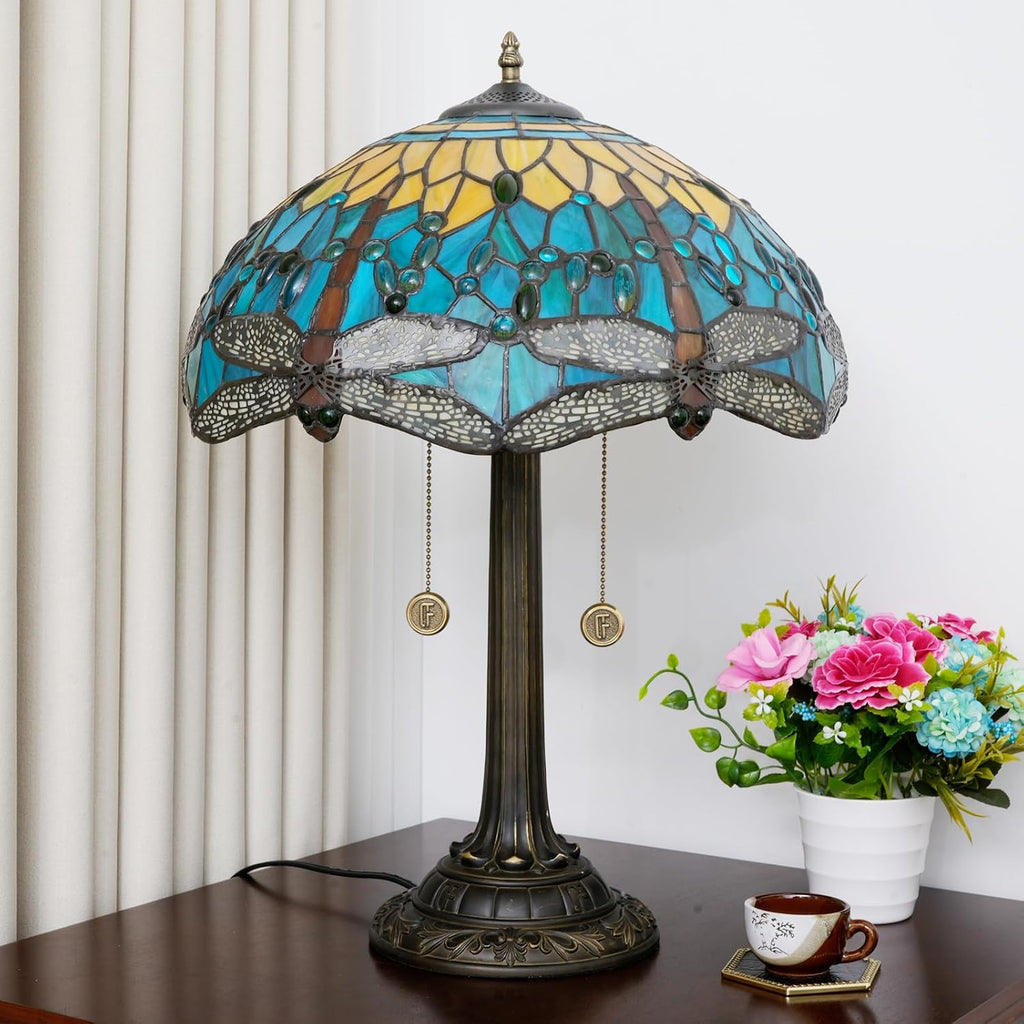 Tiffany Lamp Dragonfly Style Stained Glass Table Lamp 16X16X23 Inch Home Office Bedroom Bedside Light Vintage Unique Esthetic Decor Light (Bulb Include)
