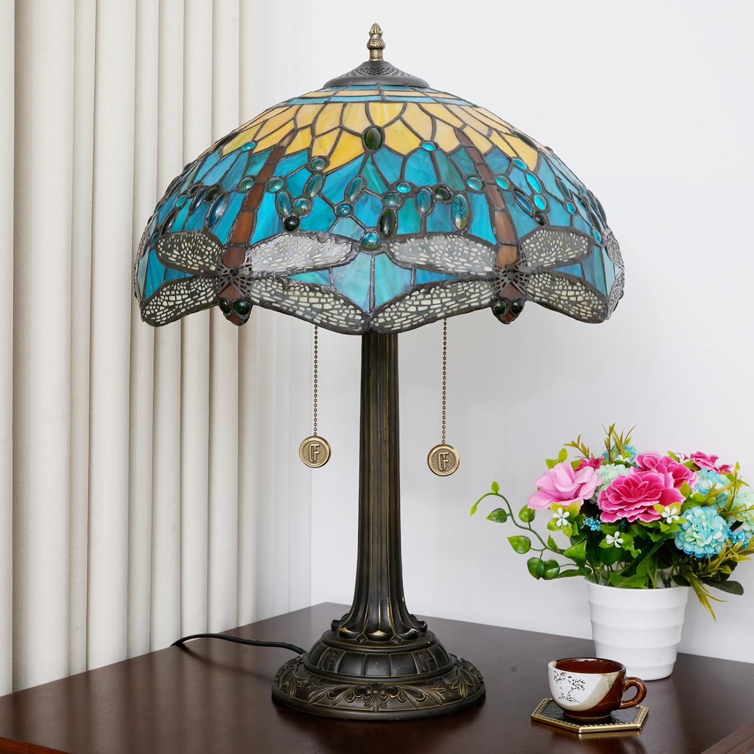 Tiffany Lamp Dragonfly Style Stained Glass Table Lamp 16X16X23 Inch Home Office Bedroom Bedside Light Vintage Unique Esthetic Decor Light (Bulb Include)