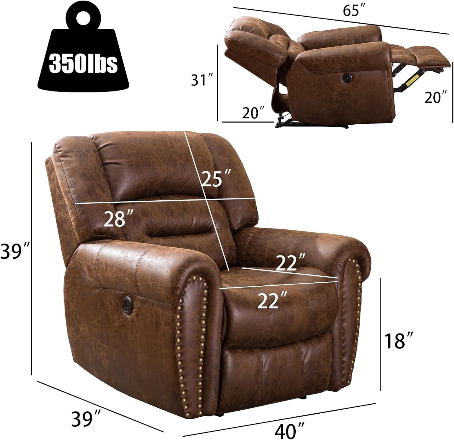 Distinctive Brass Rivets Design Electric Recliner Chair Breathable Bonded Leather Classic Single Sofa Chairs for Home Theater Living Room Bedroom
