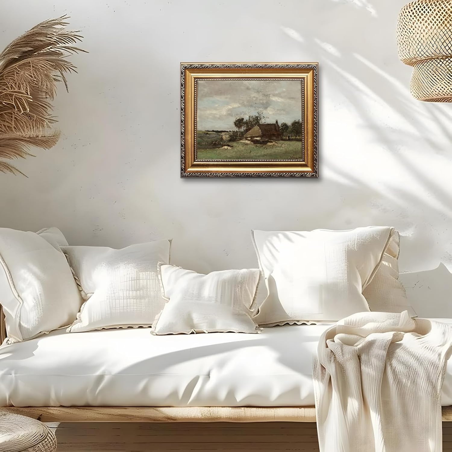 Large Framed Pastoral European Farm Landscape Art Painting Rustic Rural Scene Nature Canvas Wall Art Vintage Farmhouse Pictures Decor Natural Country Print Artwork for Living Room Bedroom 24x36inch