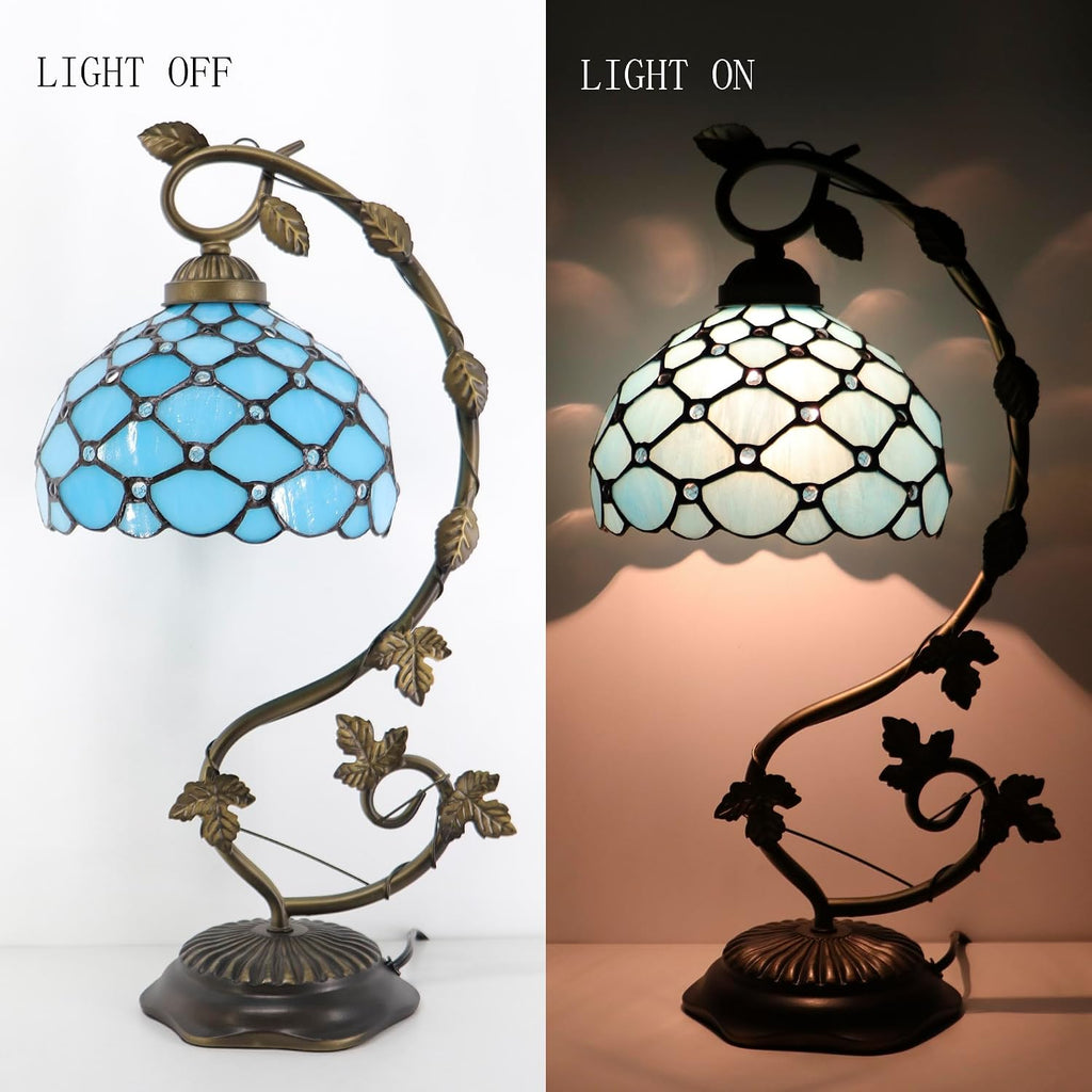 Tiffany Table Lamp, Stained Glass Desk Reading Light,Metal Leaf Table Lamp Base 8X10X21 Inches (Sea Blue Beads)