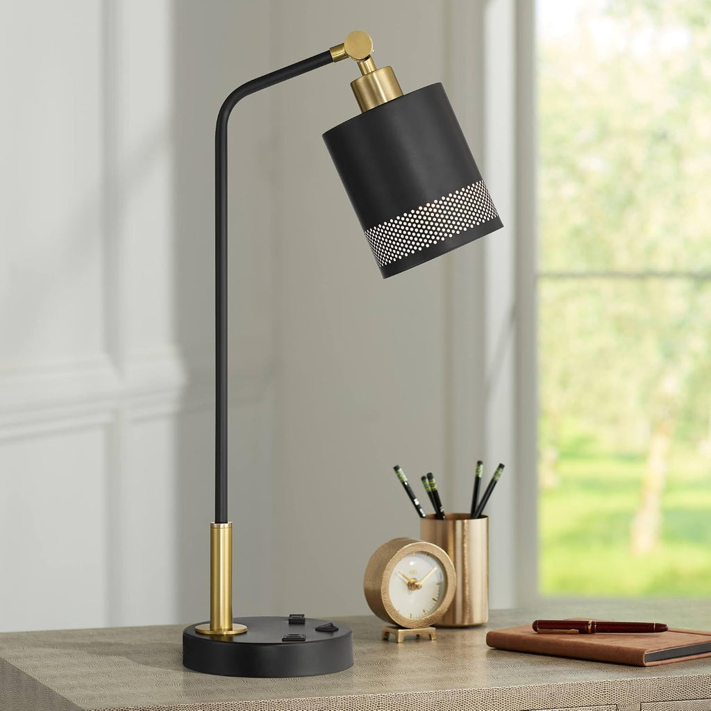 Possini Euro Design Keller 24' High Small Modern Desk Lamp USB Port AC Power Outlet Black Gold Brass Finish Metal Single Shade Home Office Living Room Charging Bedroom Bedside Nightstand House