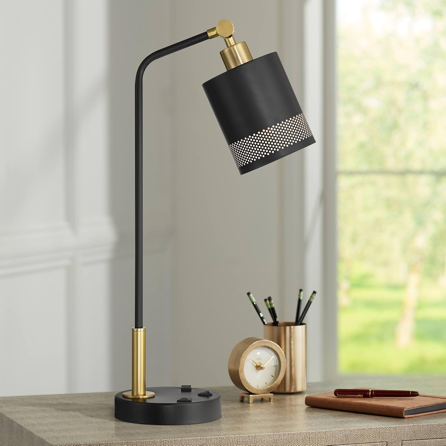 Possini Euro Design Keller 24' High Small Modern Desk Lamp USB Port AC Power Outlet Black Gold Brass Finish Metal Single Shade Home Office Living Room Charging Bedroom Bedside Nightstand House