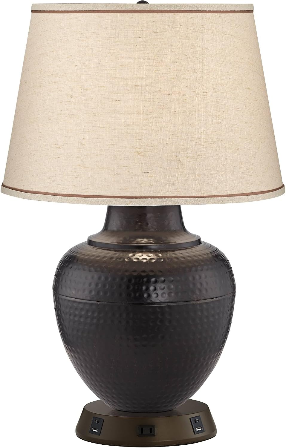Barnes and Ivy Brighton Rustic Farmhouse Table Lamp 27 1/4' Tall with USB and AC Power Outlet in Base Bronze Hammered Pot Beige Drum Shade for Bedroom Living Room House Home Bedside Nightstand
