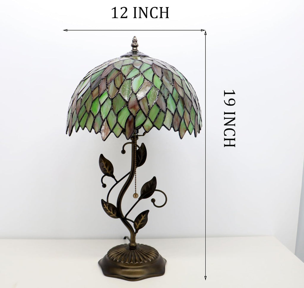 Tiffany Lamp Brownish Green Leafage Style Stained Glass Table Lamp Desk Bedside Reading Light 12X12X19 Inches with Metal Leaf Base