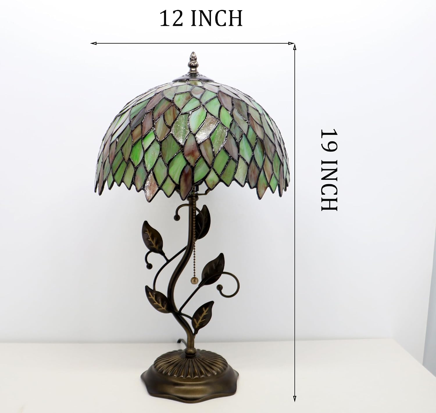 Tiffany Lamp Brownish Green Leafage Style Stained Glass Table Lamp Desk Bedside Reading Light 12X12X19 Inches with Metal Leaf Base