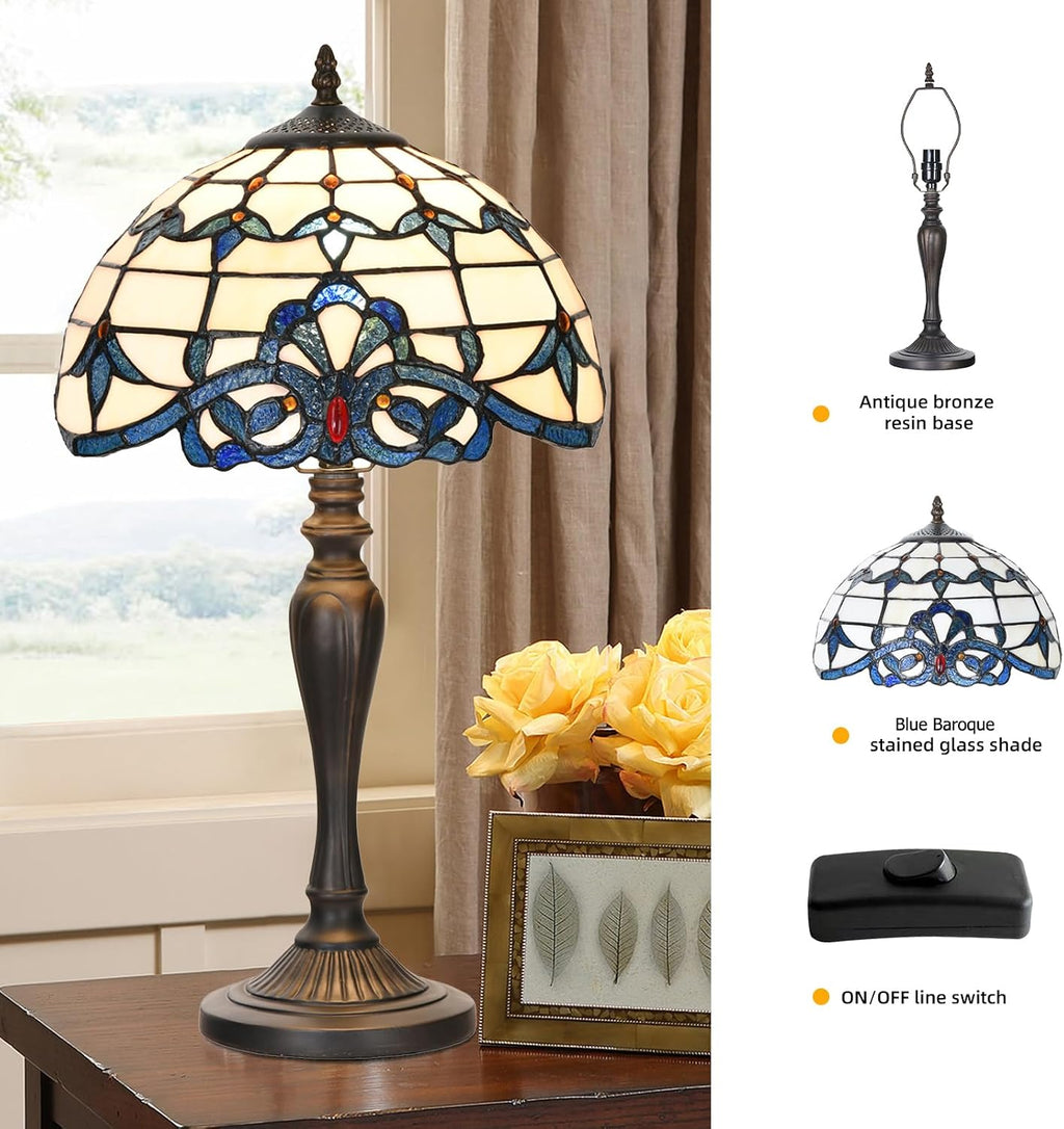 TL0003 Tiffany Table Lamp Bedside Stained Glass Lamp Blue Baroque Reading Desk Light 12X21.5 Inches for Bedroom Living Room Home Office,Vintage Look Handcrafted Accent Décor