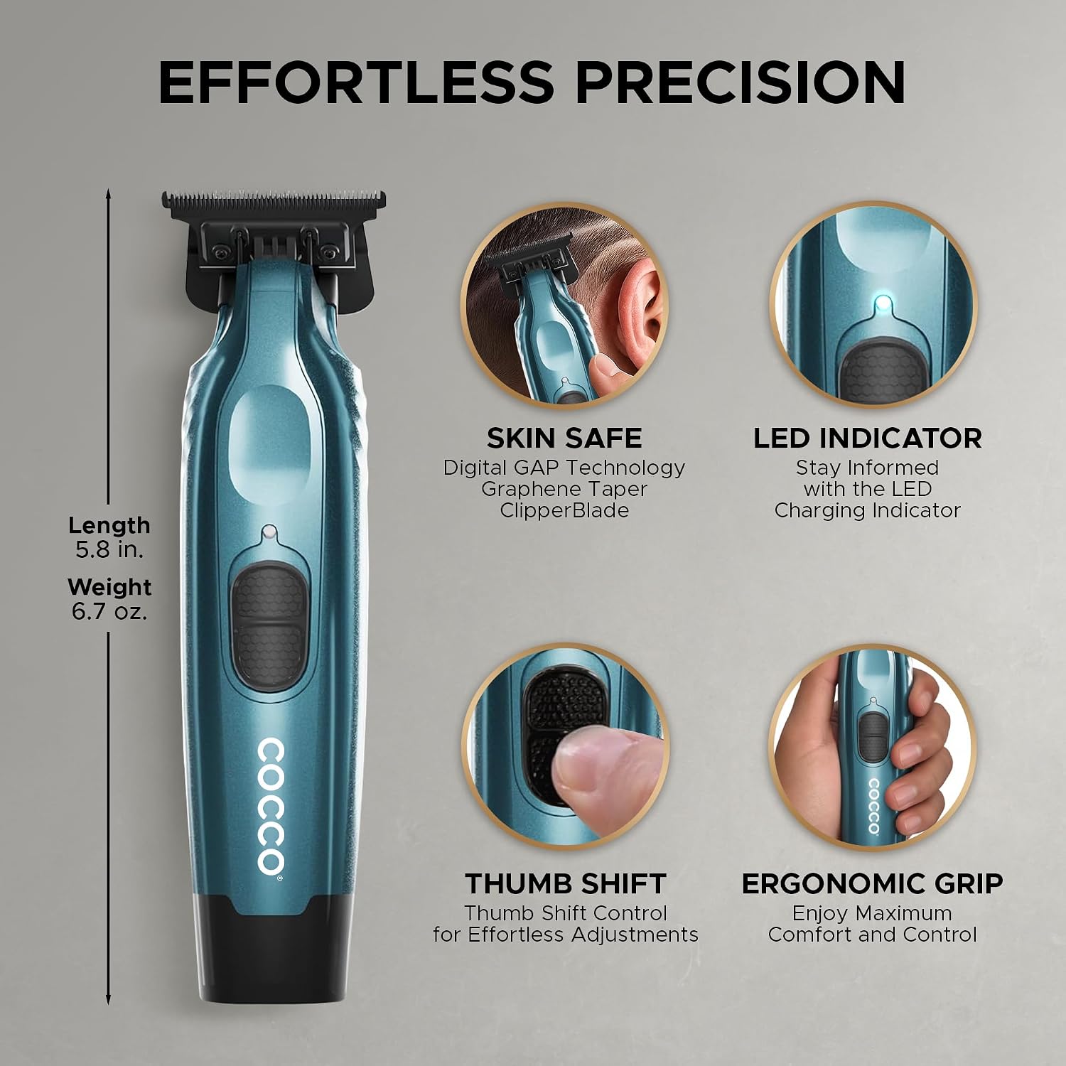 Cocco Hyper Veloce Pro Trimmer, Digital Gap Graphene Blade Edger, High-Torque Brushless BLDC Motor, Cordless, All-Metal Design, Lithium-Ion Battery, Charging Base Included